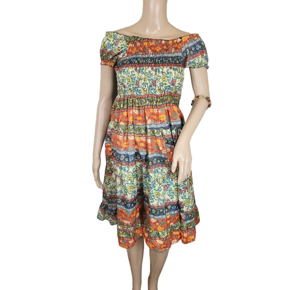 Mexican Style Sequin Floral Print Maxi Orange Yellow Dress - Picture 1 of 4